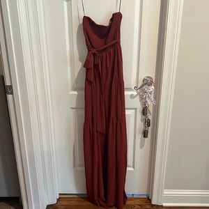 rust colored strapless jumpsuit
